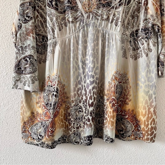 CATO Women XL Butterfly Cheetah V neck Western Blouse Rhinestones stretchy Boho - Picture 2 of 11